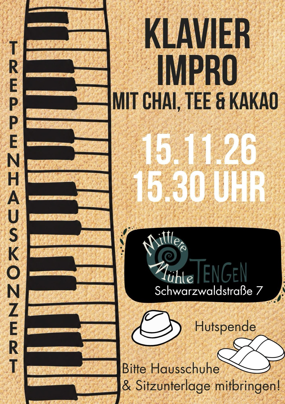 Treppehauskonzert Klavier Impro mit Chai, Tee & Kakao am 15.11.2026 um 15:30 in der Schwarzwaldstraße 7 Tengen